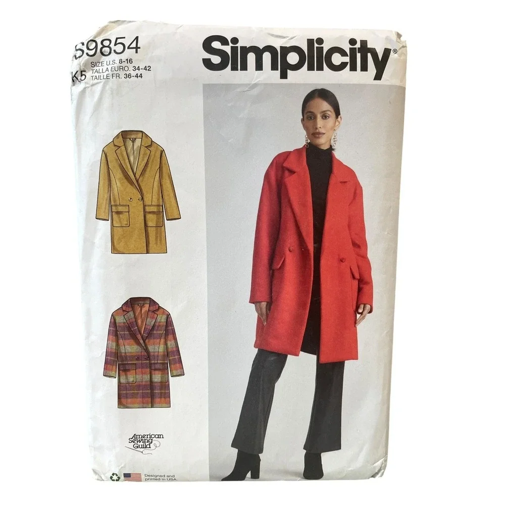 Simplicity S9854 Misses Lined Coat Jacket US 8-16 Womens Modern Sewing Pattern